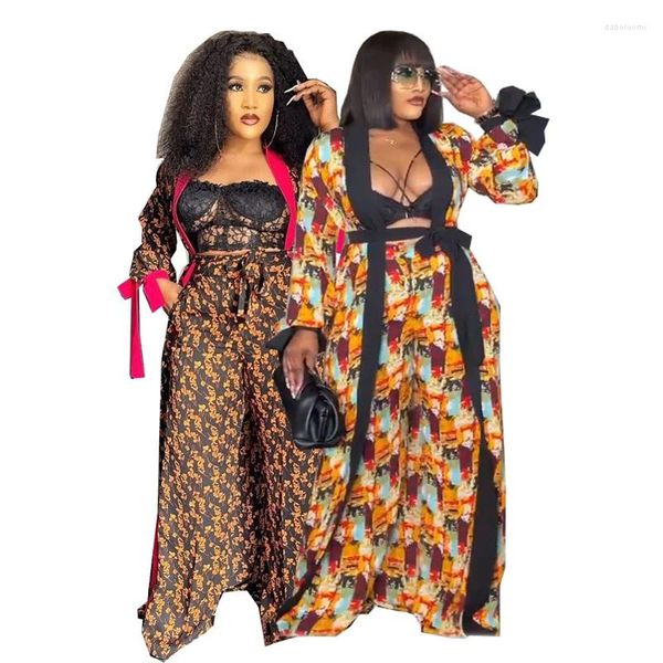 Calças femininas de duas peças vestidos africanos para mulheres verão moda dashiki impressão pantsuits 2023 streetwear chiffon robe e calça senhora conjuntos