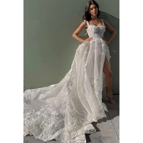 Princesa boho vestido de casamento feminino lindo sem mangas rendas apliques plissados a linha vestido de noiva trem varredura