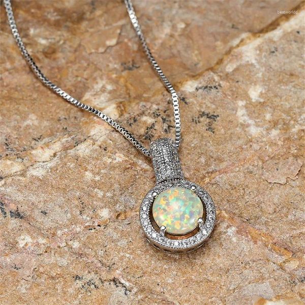 Anhänger Halsketten Luxus Braut Weißer Feueropal Runde Halskette Mode Zirkonia Geburtsstein Für Frauen Vintage-Schmuck