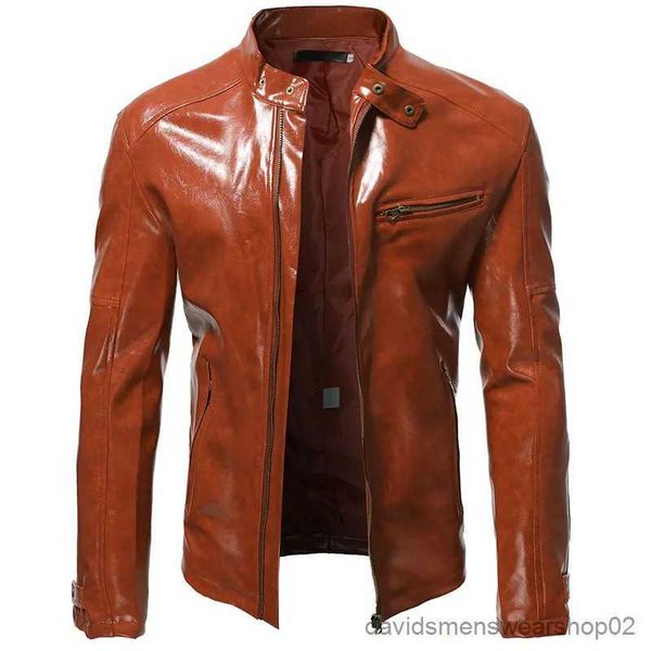 Erkek Ceketler 2023 Erkek Sonbahar Yeni Parlak Deri Ceket Moda Kendi Kendine Geliştirme Stand-Yaka Motosiklet Takım Yakışıklı Kısa Üst S-5XL R231019