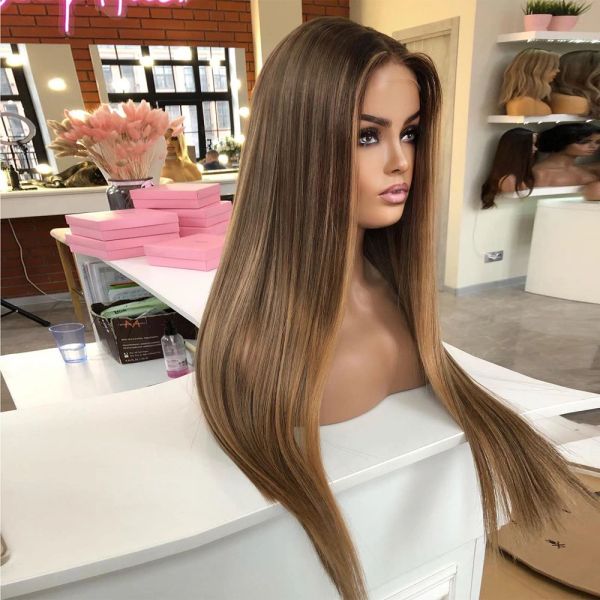 Haarzubehör Auburn Braun Highlight Human Hair Perücken vorgezogen 13x4 Straight Spitze vordere Perücken transparent 360 HD Spitze Frontaler Perücken synthetisch