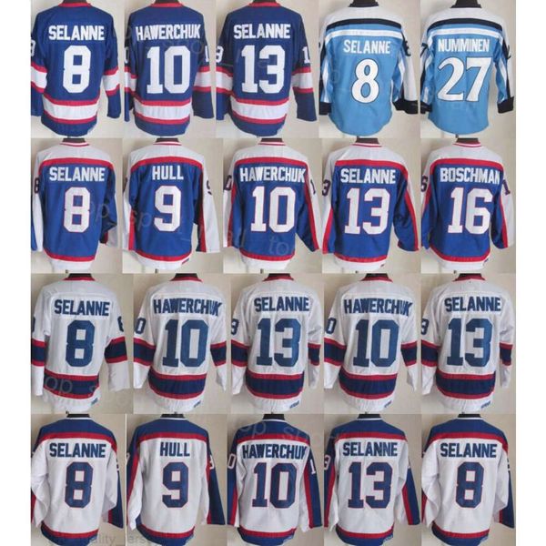 Man Retro Hockey 27 Трикотажные изделия Teppo Numminen Retire 8 Teemu Selanne 10 Dale Hawerchuk 16 Laurie Boschman 9 Bobby Hull Vintage Classic CCM Blue White Stitch Breathable