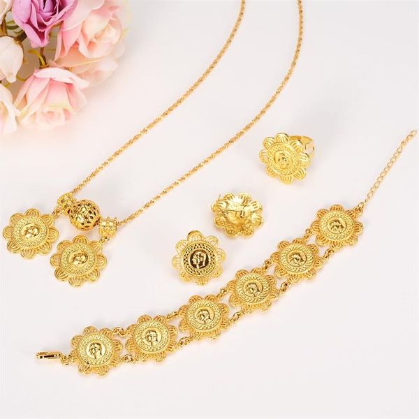 Novos conjuntos de moedas etíopes jóias com 24k real amarelo sólido ouro gf pingente colar brincos anel pulseira casamento nupcial women287s