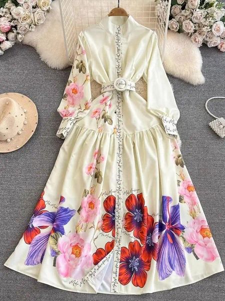 Casual Kleider Herbst Urlaub Blume Gelb Robe Lose Kleid Frauen Stehkragen Lange Laterne Hülse Druck Knöpfe Unten Gürtel maxi Vestidos