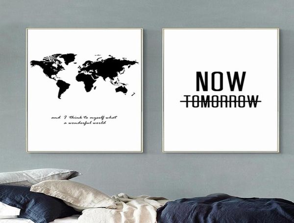 Nordic minimalista preto branco mapa do mundo citação motivacional cartaz grande giclée arte da parede pintura em tela 2pcsset sem frame9765621