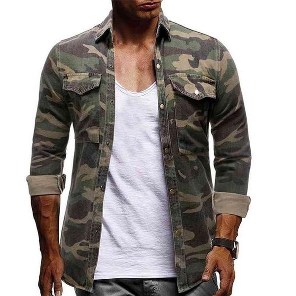 Весенне-осенняя камуфляжная повседневная рубашка, джинсовая рубашка с длинными рукавами для мужчин, армейская зеленая мужская блузка 210730183W