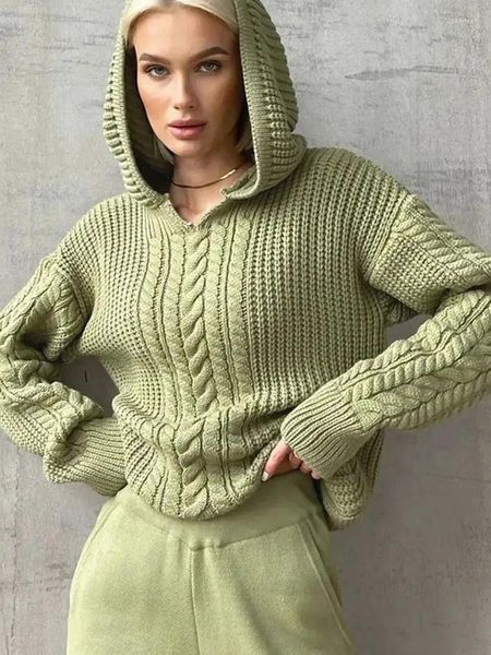 Suéteres femininos bangniweigou y2k malhas com capuz manga comprida camisola de malha para mulheres verde oliva cinza roxo outono inverno roupas