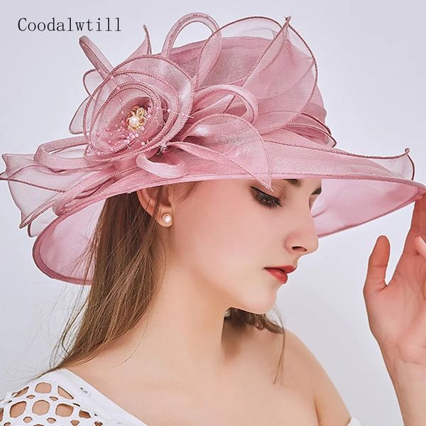 Cappelli a tesa larga Cappelli a secchiello Donna Elegante cappello estivo in organza Fiocco Fiore Cappello da sole Fascinator a tesa larga Copricapo da sposa Derby femminile Evento di viaggio Chapeau 231018