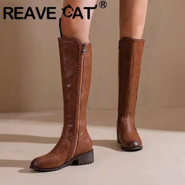 Stiefel REAVE CAT Kniehohe Damenstiefel, 37 cm breites Bein, runde Spitze, dicker Absatz, 4,5 cm Reißverschluss, britischer Stil, Übergröße 47 48, Freizeitschuhe 231018