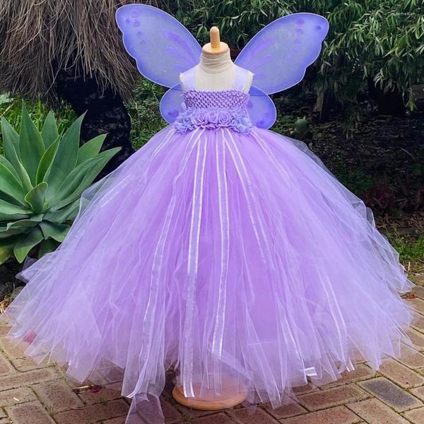 Платья для девочек, платье-пачка феи с лавандой и бабочкой для девочек, детское бальное платье из тюля с крыльями, детский праздничный костюм принцессы