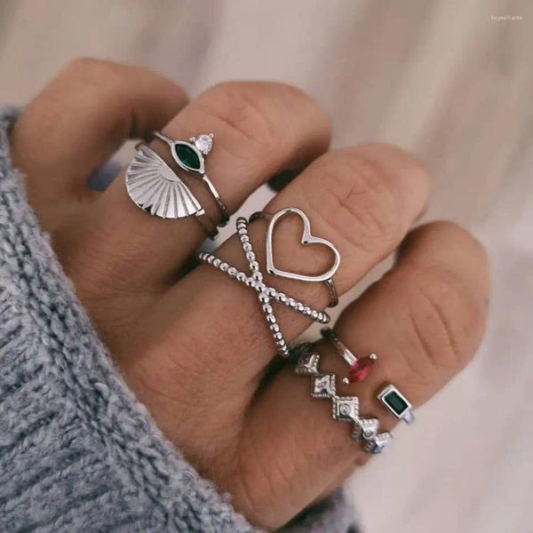 Кольца кластера, 6 шт./компл., женское сердце в форме ракушки, Корона, набор кристаллов в стиле бохо, серебряный цвет, кольцо на палец, вечерние свадебные украшения