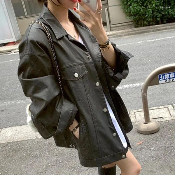 Damenjacken Südkorea Chic Ledermantel Weiblichen Frühling Und Herbst Vintage Hong Kong Geschmack Revers Freizeit Lange Lose Pu Jacke