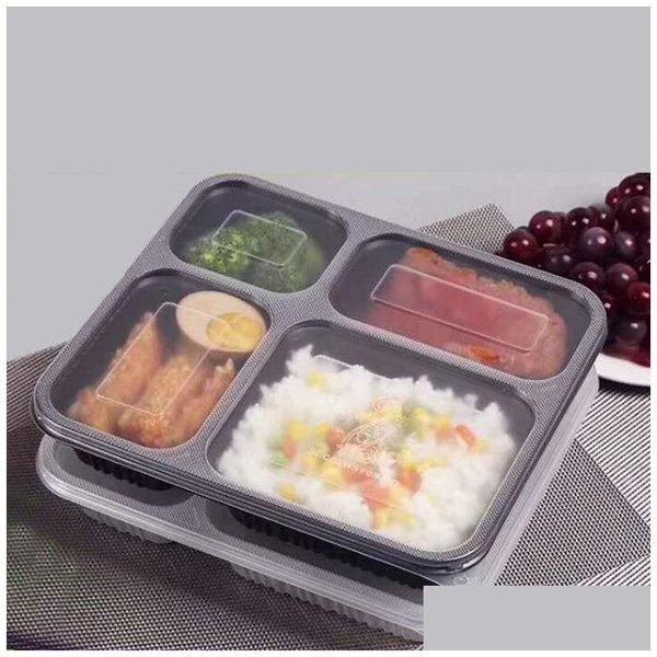 Set di stoviglie Nero 4 scomparti Contenitori da asporto Set di stoviglie Scatole per imballaggio alimentare in Pp di grado Scatola Bento usa e getta per El Home Dhc8H