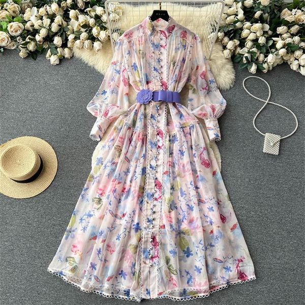 Casual Jurken Elegant Mid-Lengte Contrast Kleur Bloemenprint Jurk Met Riem Vrouwen Vintage Vestidos Stand Kraag Lantaarn Mouw L250H