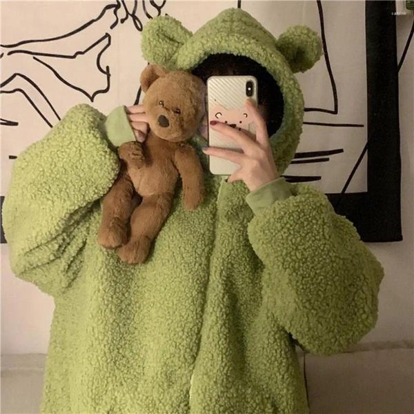 Felpe con cappuccio da donna autunno inverno orecchie da orso carine moda coreana donna lana d'agnello cerniera manica lunga abbigliamento Kawaii capispalla