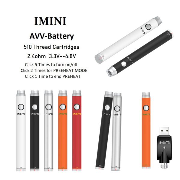 China Top original imini AVV 510 Frea Bateria Pré -aqueça Pen 350mAh 650mAh 900mAh 1100mAh Recarregável para cartucho vape 3.3/3.8/4.3/4.8V em estoque atacado i vape