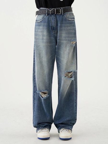 Jeans da uomo estivi con cinturino elastico sottile tendenza invecchiata per uomo con pantaloni casual larghi dritti e versatili oversize