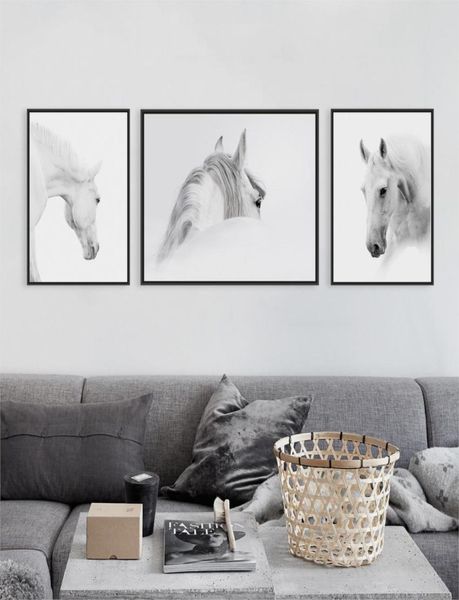 Tríptico moderno cabeça de cavalo branco po a4 poster impressão animais imagem de parede nórdico decoração de casa pintura em tela sem moldura presente 6768872