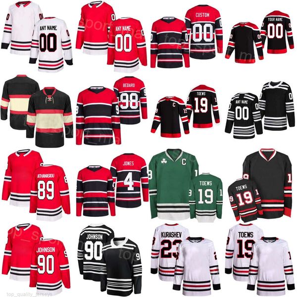 Homem Juventude Mulher Hóquei 98 Connor Bedard Jerseys 89 Andreas Athanasiou 4 Seth Jones 11 Taylor Raddysh 90 Tyler Johnson 19 Jonathan Toews Jason Dickinson Reverse Retro