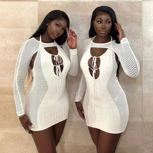 Casual Dresses Echoine 2-teiliges Set Langarm Crop Top Lace Up Halter Rückenfreies Minikleid Sexy Skinny Party Clubwear Strick Vestidos Herbst