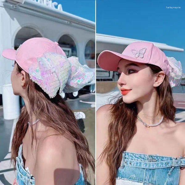 Visorlar Pembe Yaz Sonbahar Kadın Beyzbol Kapakları Orijinal Pullu Bows Güneş Şapkası Kadınlar İçin Zarif Moda Kawaii 2023 H003