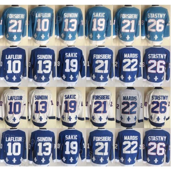 Homem Retro Hóquei 13 Mats Sundin Jerseys Retire 19 Joe Sakic 21 Peter Forsberg 26 Peter Stastny 10 Guy Lafleur 22 Marois Vintage Clássico Azul Marinho Branco Ponto