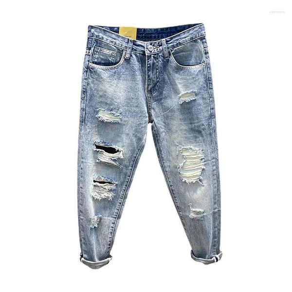 Jeans masculinos verão 2023 mendigo buraco solto 9 pontos harlan na moda perna reta oco moda macio confortável commuting