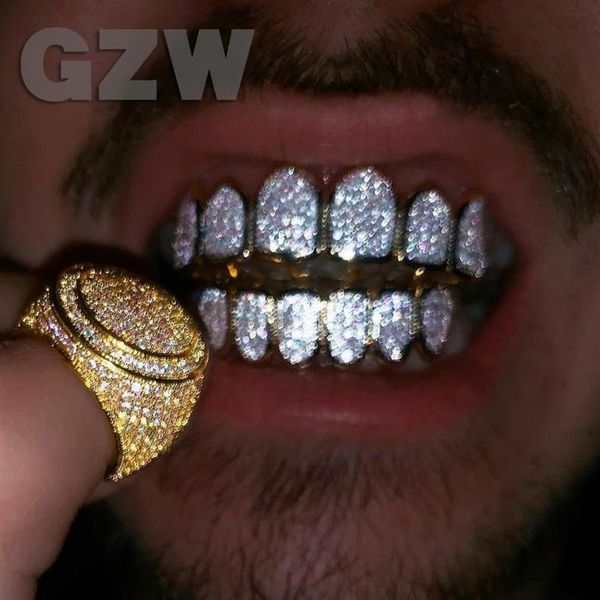 18 carati oro reale denti Fang Grillz punk hip hop zircone cubico ghiacciato vampiro bocca dentale griglie bretelle protezione dei denti gioielli rapper per219G