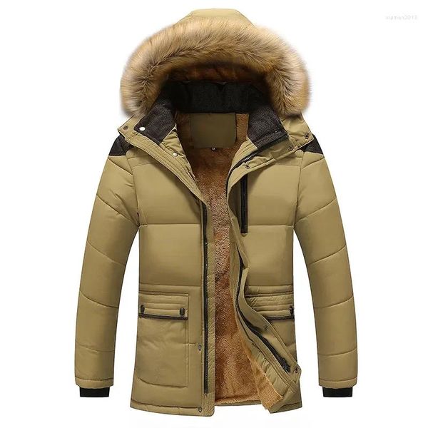 Casacos de Trench Masculinos 2023 Inverno Quente Grosso Lã Outercoat À Prova de Vento Com Capuz Gola De Pele Jaqueta De Algodão Acolchoado Roupas Outono Moda Casual