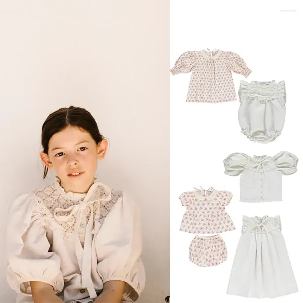 Kız Elbiseler Yaz Çocuklar Keten Elbise Çiçek Giysileri Seti Çocuk Üst ve Şort Takım Doğum Romper Bebek 1-9 yıl