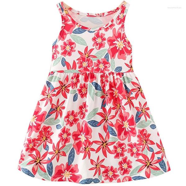 Vestidos para meninas de 1 a 10 anos, vestido de verão floral estampado sem mangas linha a colete estilo country roupas ao ar livre crianças 15 cores