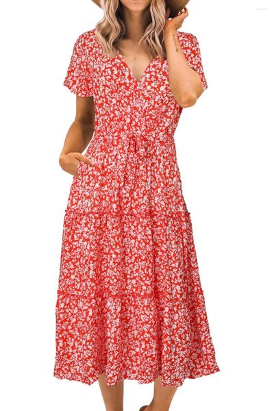 Vestidos casuais vermelho floral urdidura v-pescoço manga curta midi vestido para mulheres verão praia boho