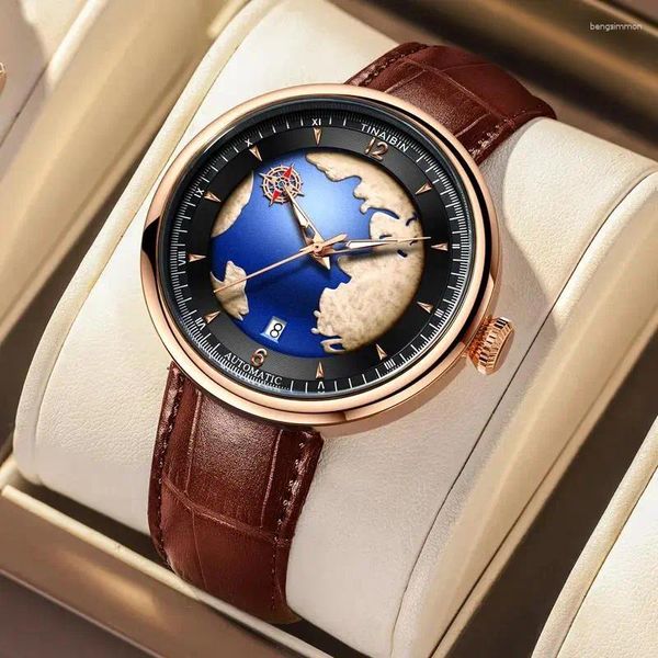 Armbanduhren Automatische mechanische Stahl-Erde-3D-Armbanduhr für Männer mit High-End-Leder-Gummigürtel leuchtendes Geschenk Reloj Hombre 6632