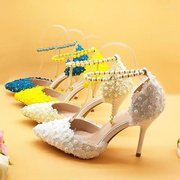 Elbise ayakkabıları beyaz/mor/pembe/yeşil/bkue küçük dantel çiçek parti sivri uçlu ince topuk düğün ayakkabı yaz sandali 8cm