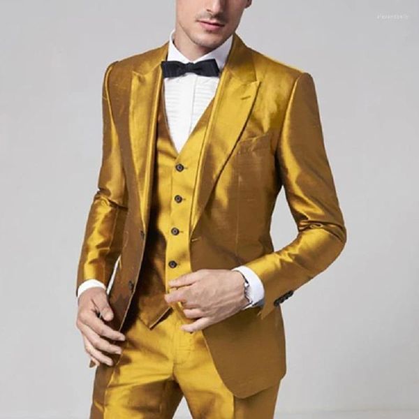 Erkek takım elbise en son altın saten erkekler 2023 İnce fit balo Partisi sahne damat düğün smokin ternos erkek takım elbise 3 parça (blazer yelek pantolon)
