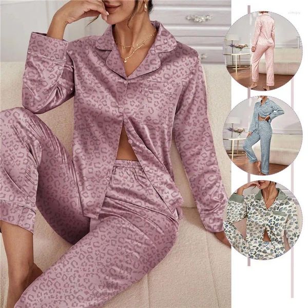Pigiama da notte da donna con stampa leopardata per donna Pijama Femme colletto rovesciato pigiama a maniche lunghe pigiama autunno estate