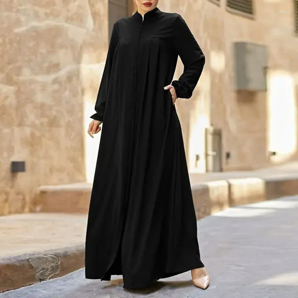 Roupas étnicas Muçulmano Cor Sólida Dubai Solto Burqa Mulheres Árabes Vestido Longo Kaftan Islâmico Plissado Colarinho Vestido Com Zíper Jilbab