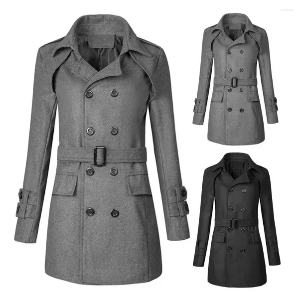 Herren Trenchcoats Herren Wollmantel Stilvolle Zweireihige Jacke mit Reverstaschen Gürtel für Herbst Winter Business Casual Wear