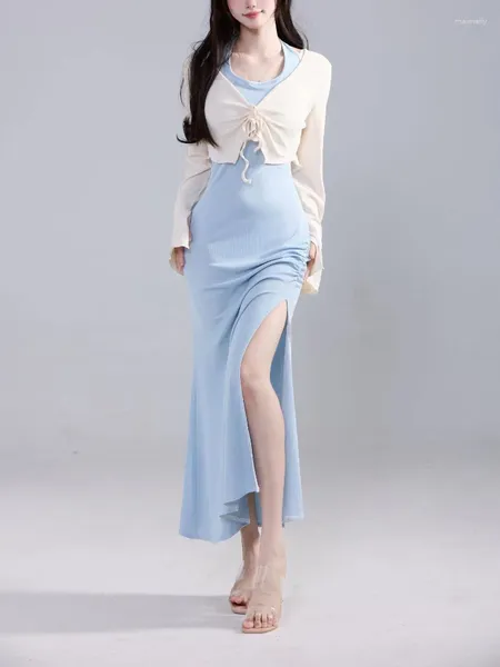 Рабочие платья 2023, осенний элегантный комплект из 2 предметов, женские повседневные укороченные топы Y2k, синее платье миди без рукавов, корейский модный костюм, офисная леди