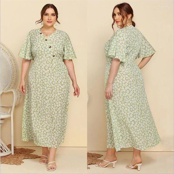 Roupas étnicas Kaftan Plus Size Mulheres Imprimir Manga Curta Maxi Vestido Moda Primavera Botões Vestidos Longos Dubai Abaya Vestido de Festa Muçulmano