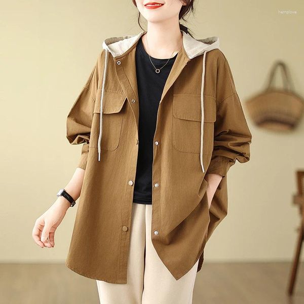 Camicette da donna 2023 Arrivo Stile giapponese della Corea Patchwork Con cappuccio Chic Ragazza Allentata Autunno Camicetta Camicie Moda Donna Primavera Casual