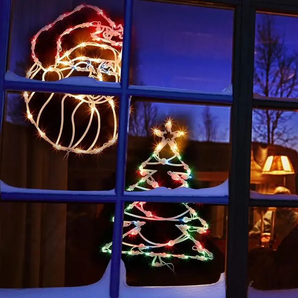 1pc Luci della sagoma della finestra di Natale, Babbo Natale illuminato e decorazioni bifacciali dell'albero di Natale Mini luce a incandescenza, per decorazioni in vetro per porte da parete interne per le vacanze