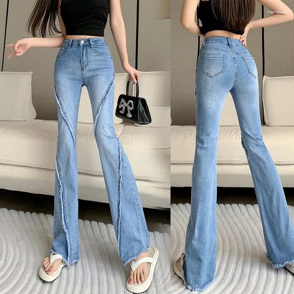 Calças de brim femininas borla retalhos queimado mulher estiramento magro denim calças senhora elástico magro mujer moda boot-cut calças 2023 outono