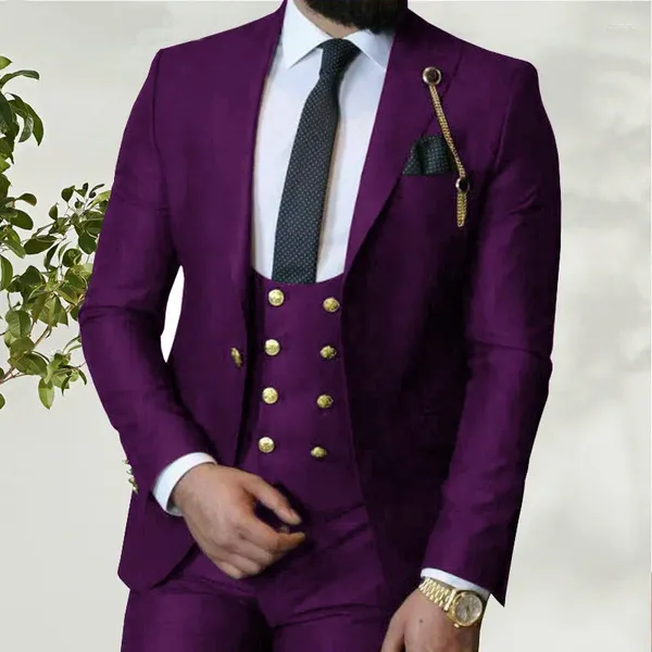 Ternos masculinos jeltoin marca italiana negócios fino ajuste formal masculino duplo breasted colete roxo noivo smoking para casamento 3 peça traje