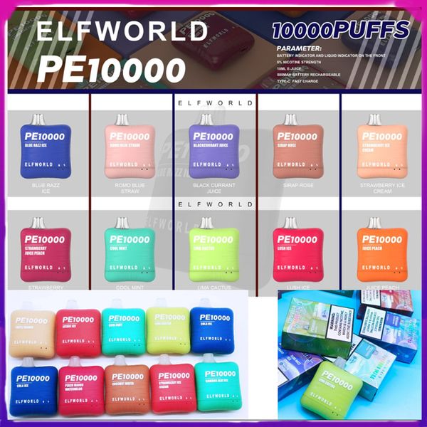 Original Elfworld PE10000 10000 Puffs Vape Pen Descartável E Cigarro Com Mah Recarregável Massa Malha Bobina 10K 18ml Pod Pré-preenchido 22 Sabores Elf World PE 10000