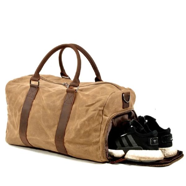 Duffel Çantalar M282 Vintage mumlu tuval erkekler seyahat duffel spor spor çantası yağlı deri askeri hafta sonu çanta temel eğitim çantaları 231019