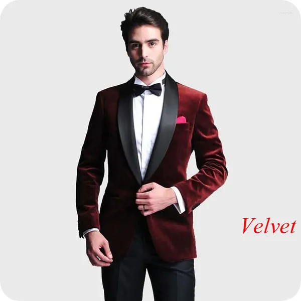 Terno masculino fumando jaqueta de veludo de veludo bordô Men de xale preto Tone de casamento Smokt Fit Groom Tuxedos Cerimônia de 2 peça