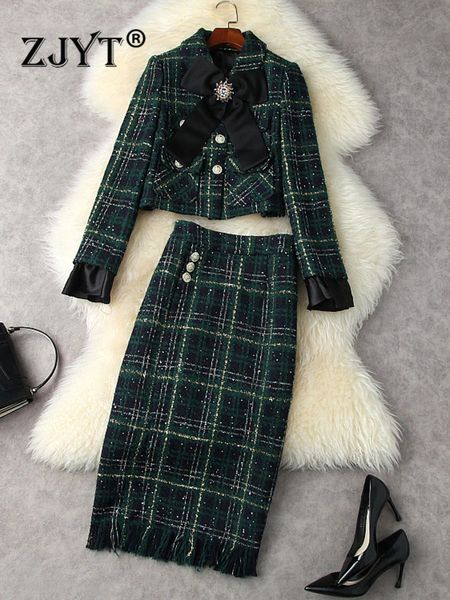 Abito a due pezzi ZJYT Elegante fiocco in tweed Giacca di lana e gonna Completo da donna Autunno Inverno Set Vintage Plaid Party Verde 231018