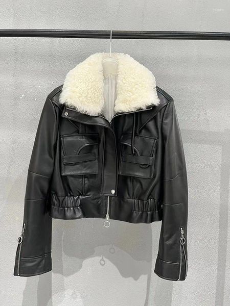 Roupas de inverno de couro feminino y2k 2023 moda coreana grosso quente forrado com algodão genuíno jaquetas gola de pele real luxo outwear