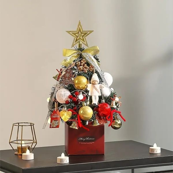 1-teiliges Mini-Weihnachtsbaum-Set mit LED-Licht, vorbeleuchtetes Mini-Weihnachtsbaum-Set für den Tisch, mit Tannenzapfen, Ornamenten, Kugeln, Glocken, beste DIY-Weihnachtsdekoration